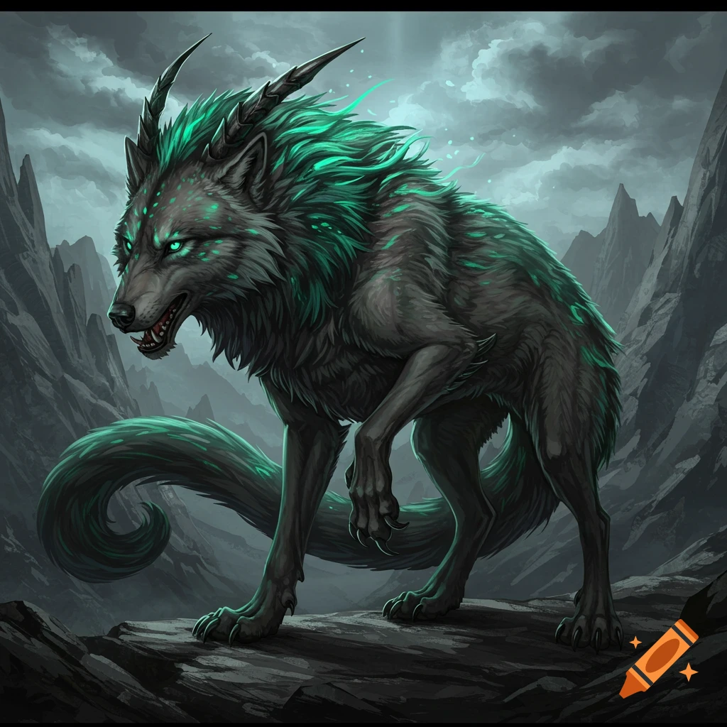 A dragon wolf standing on a rock in a mountainous landscape.