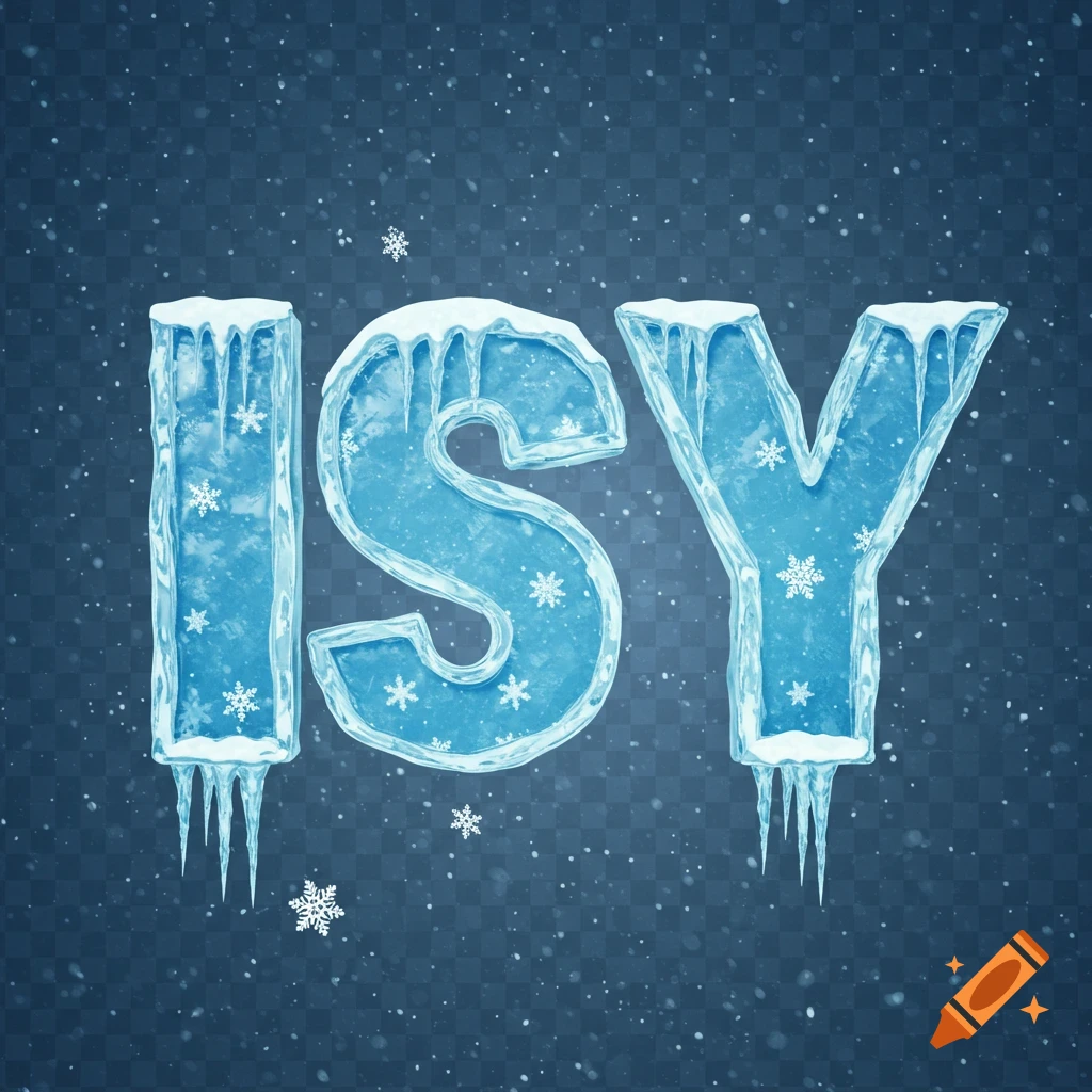 Icy letters ISY with icicles and snowflakes on a transparent background.