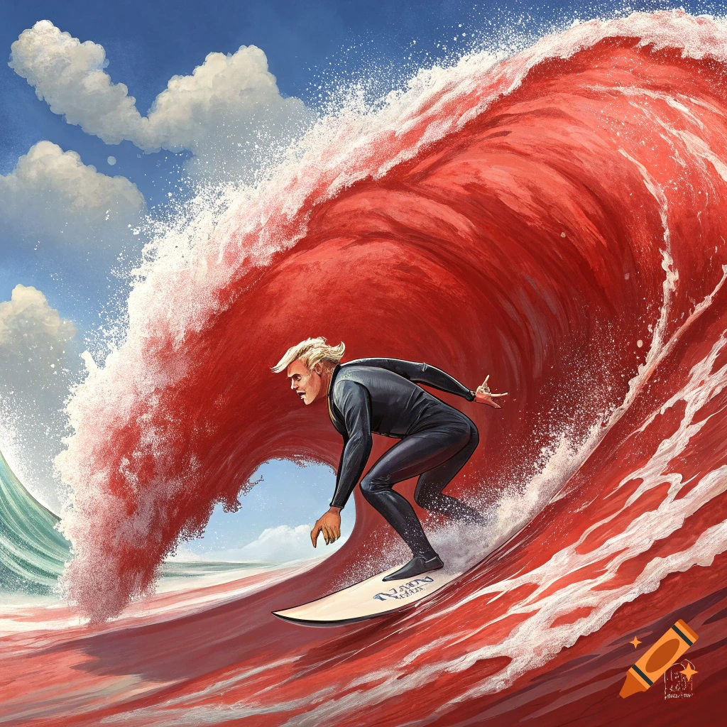 Illustration of a person resembling Donald Trump surfing a large red wave under a blue sky
