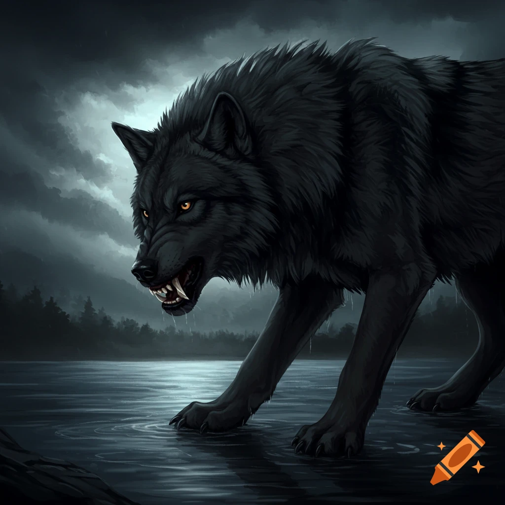 A fierce black wolf with glowing eyes, baring teeth, standing in shallow water under a dark, cloudy sky.