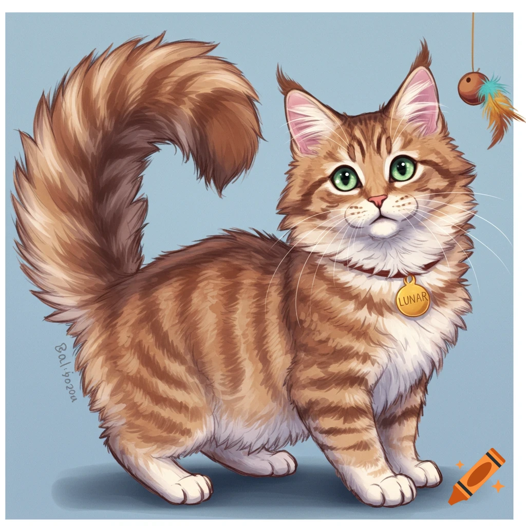 A fluffy Maincoon kitten with a collar and name tag.