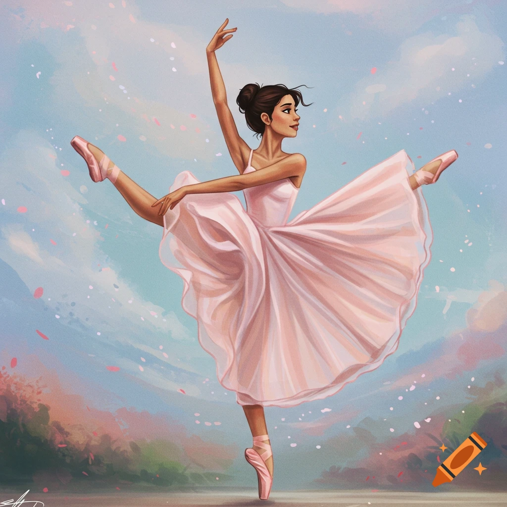 A ballerina in a pink dress mid-dance pose against a cloudy sky background.