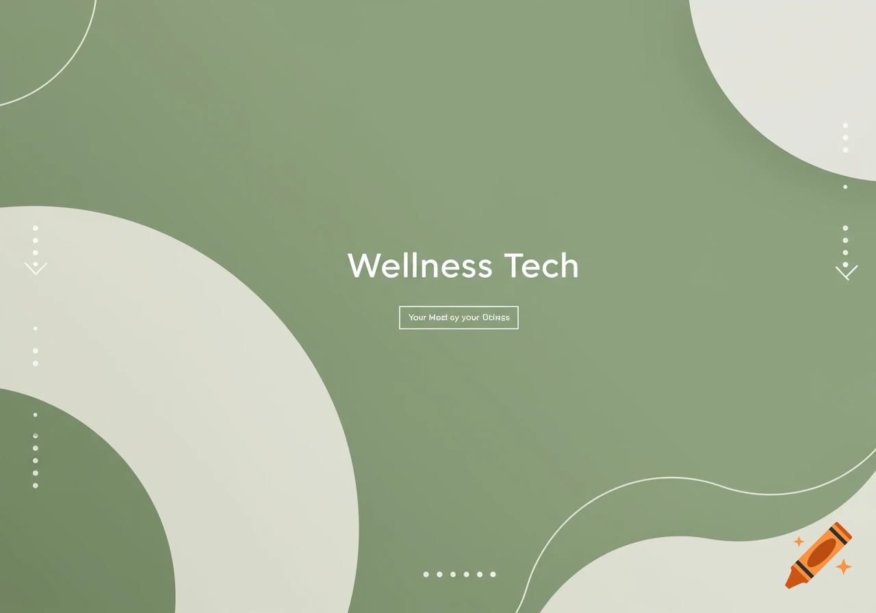 Minimalist sage green background with abstract shapes and 'Wellness Tech' text
