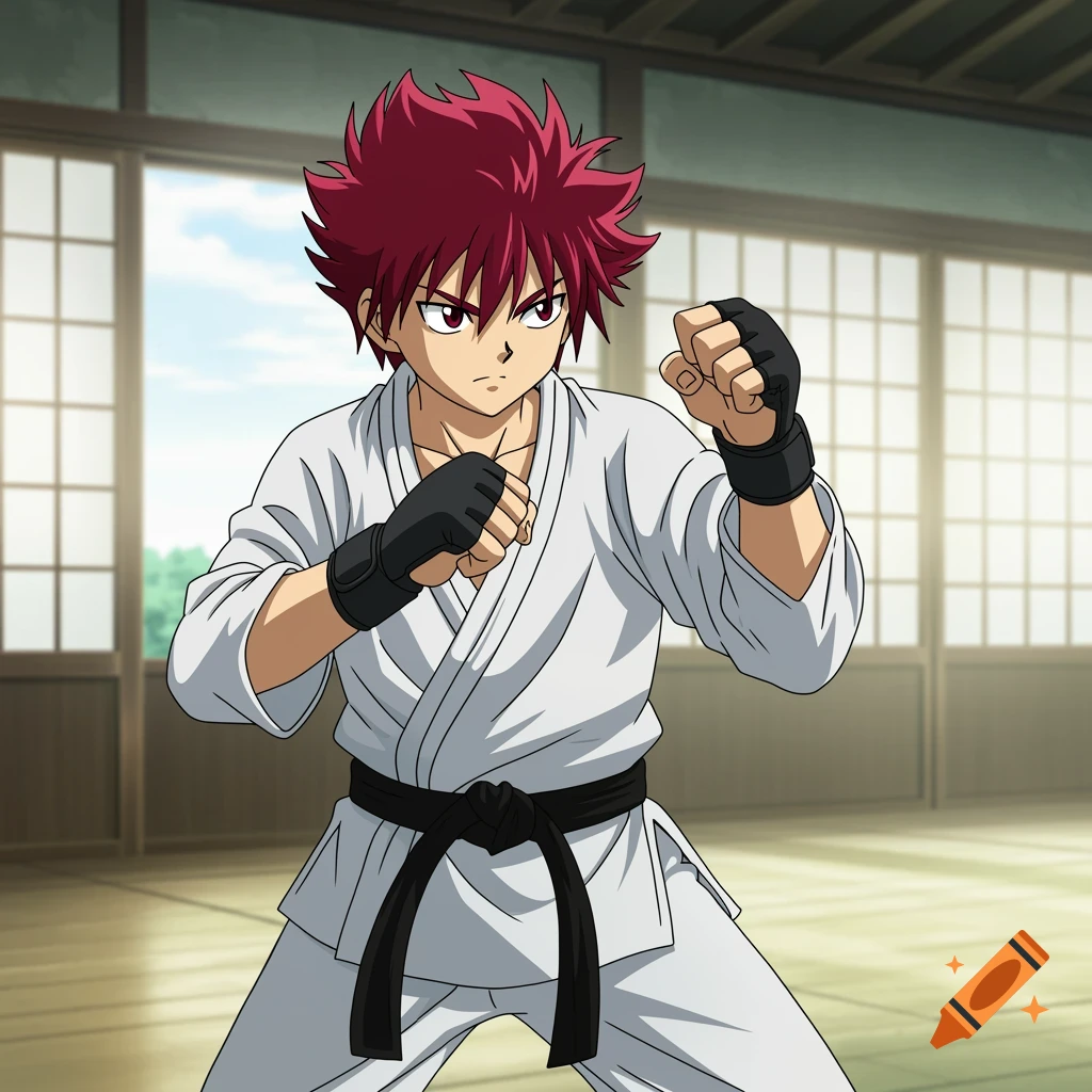 Anime style illustration of a young man in a karate gi in a dojo.