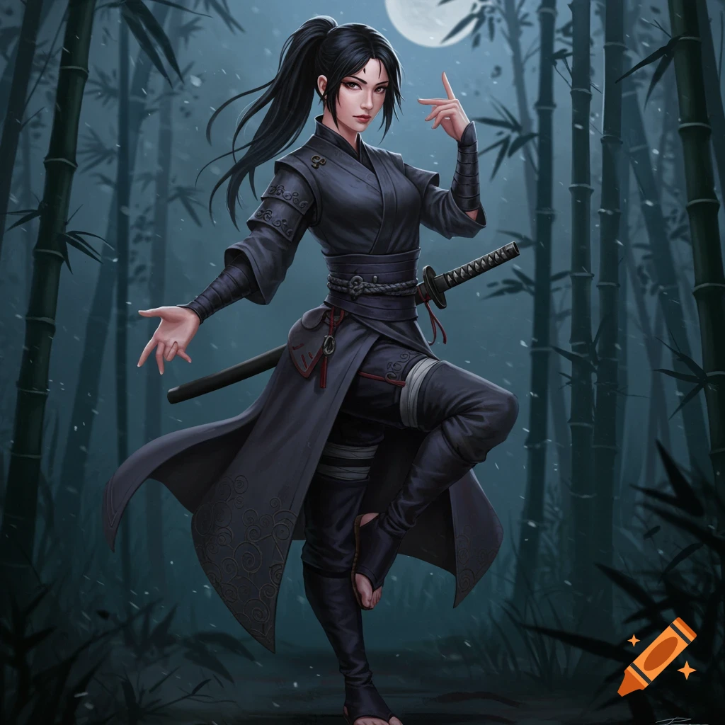 A female ninja in an elegant pose stands in a bamboo forest at night.