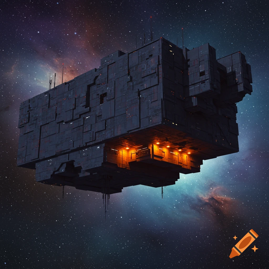 A dark, brutalist-style spaceship floats in deep space.