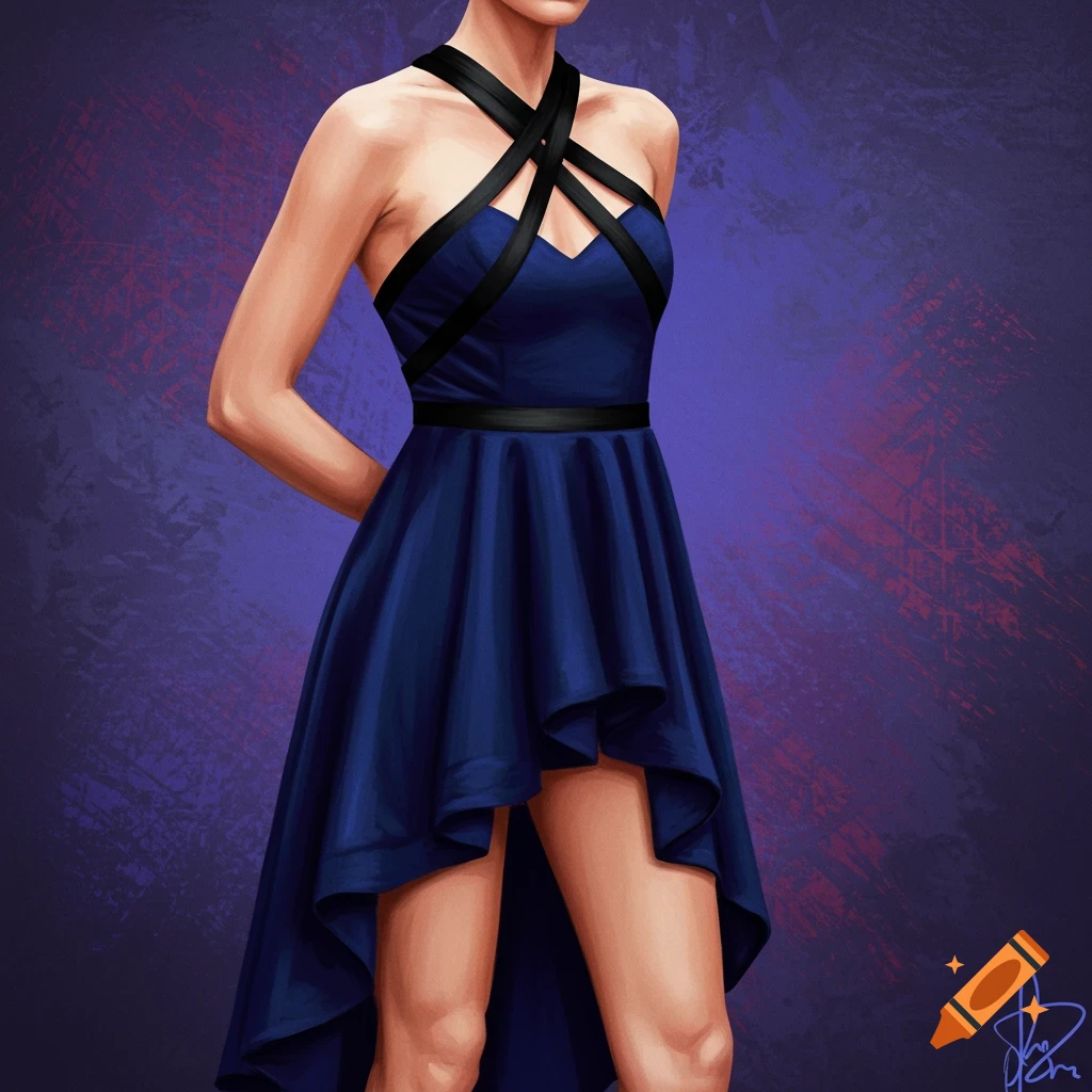 A person in a blue high-low dress with black straps.