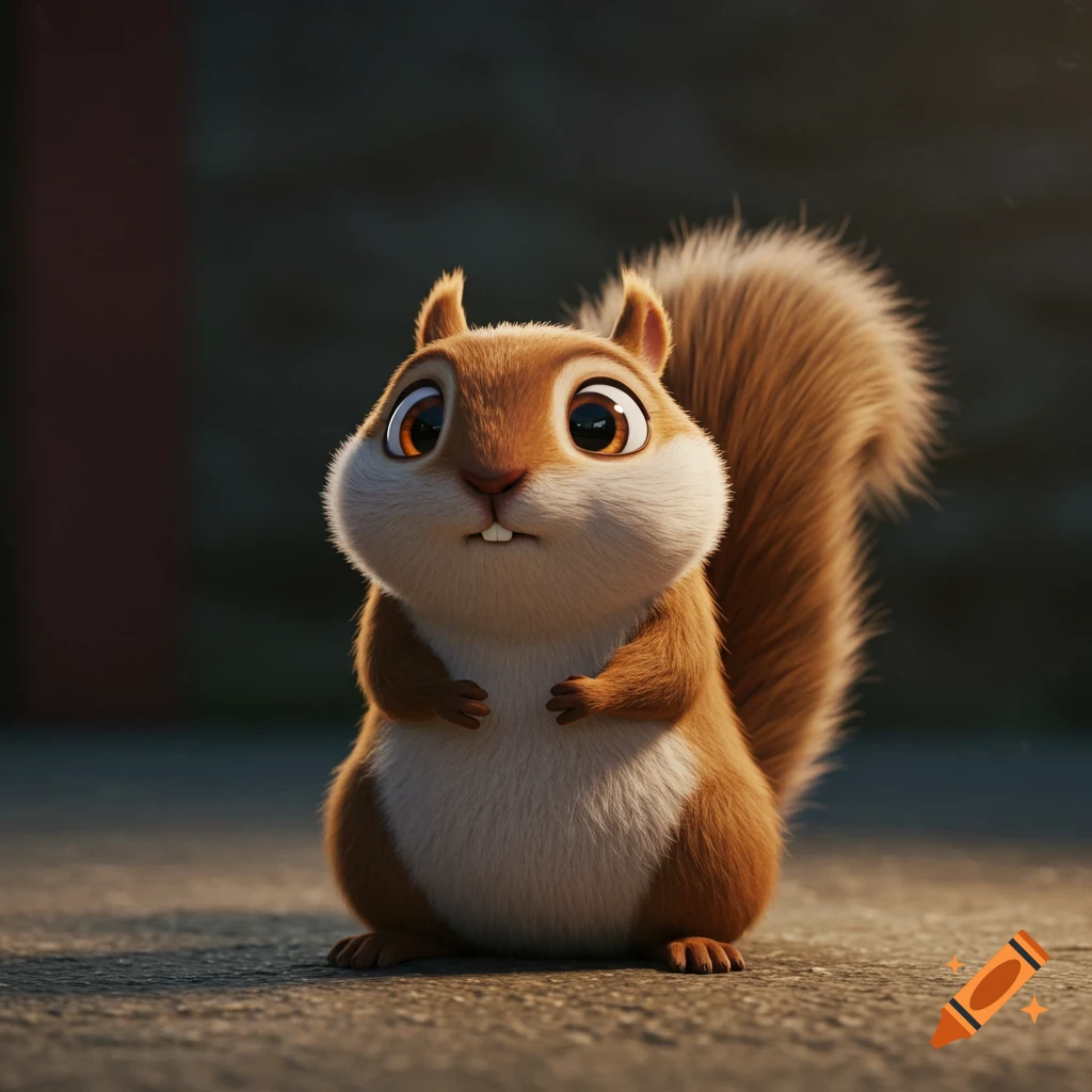 A cute, chubby animated squirrel sits on the ground.