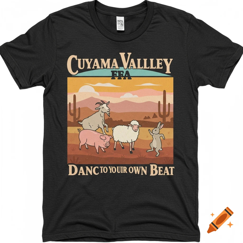 Cartoon farm animals dancing in a desert landscape on a black t-shirt with text.