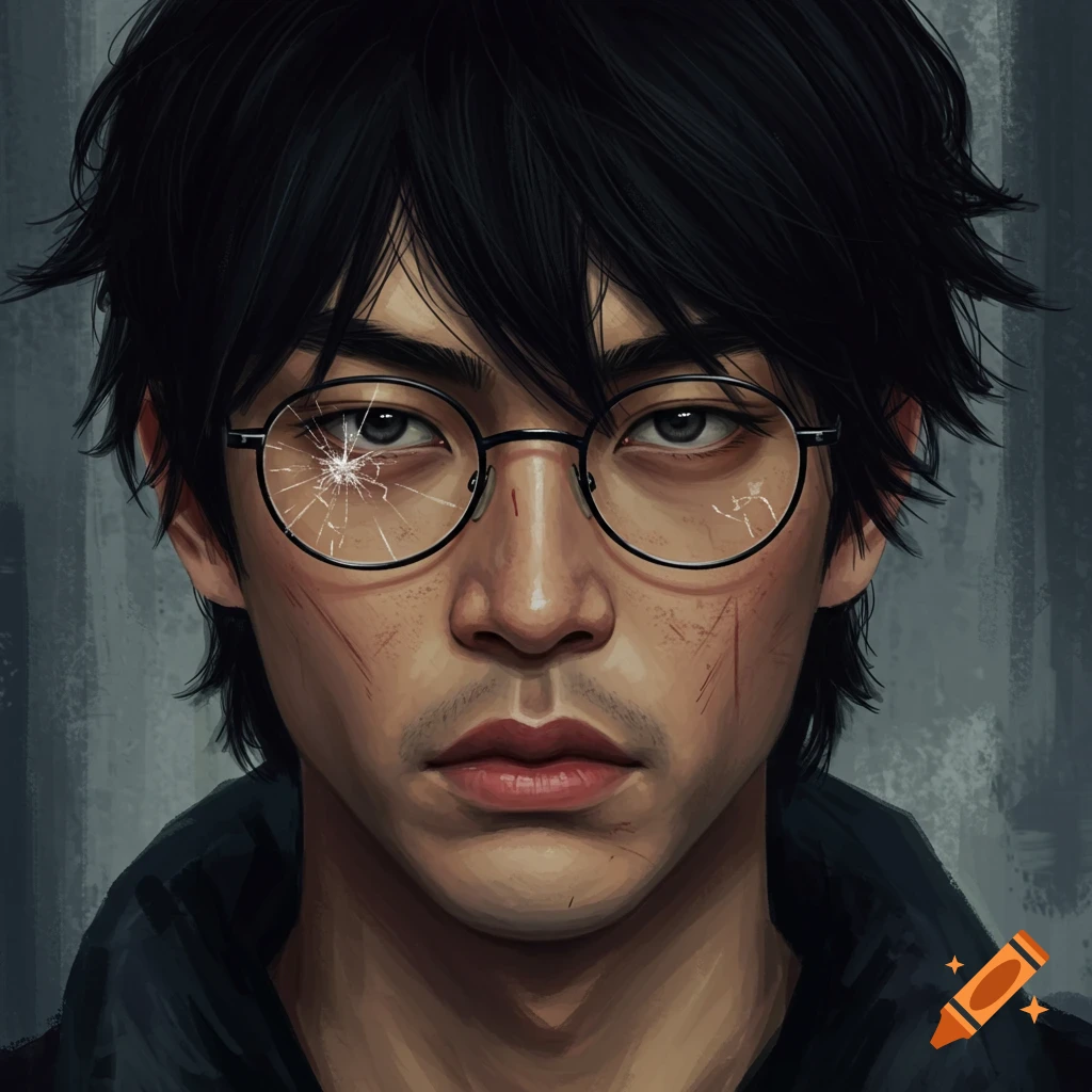 portrait of a young man with messy black hair, face scars, and cracked glasses.
