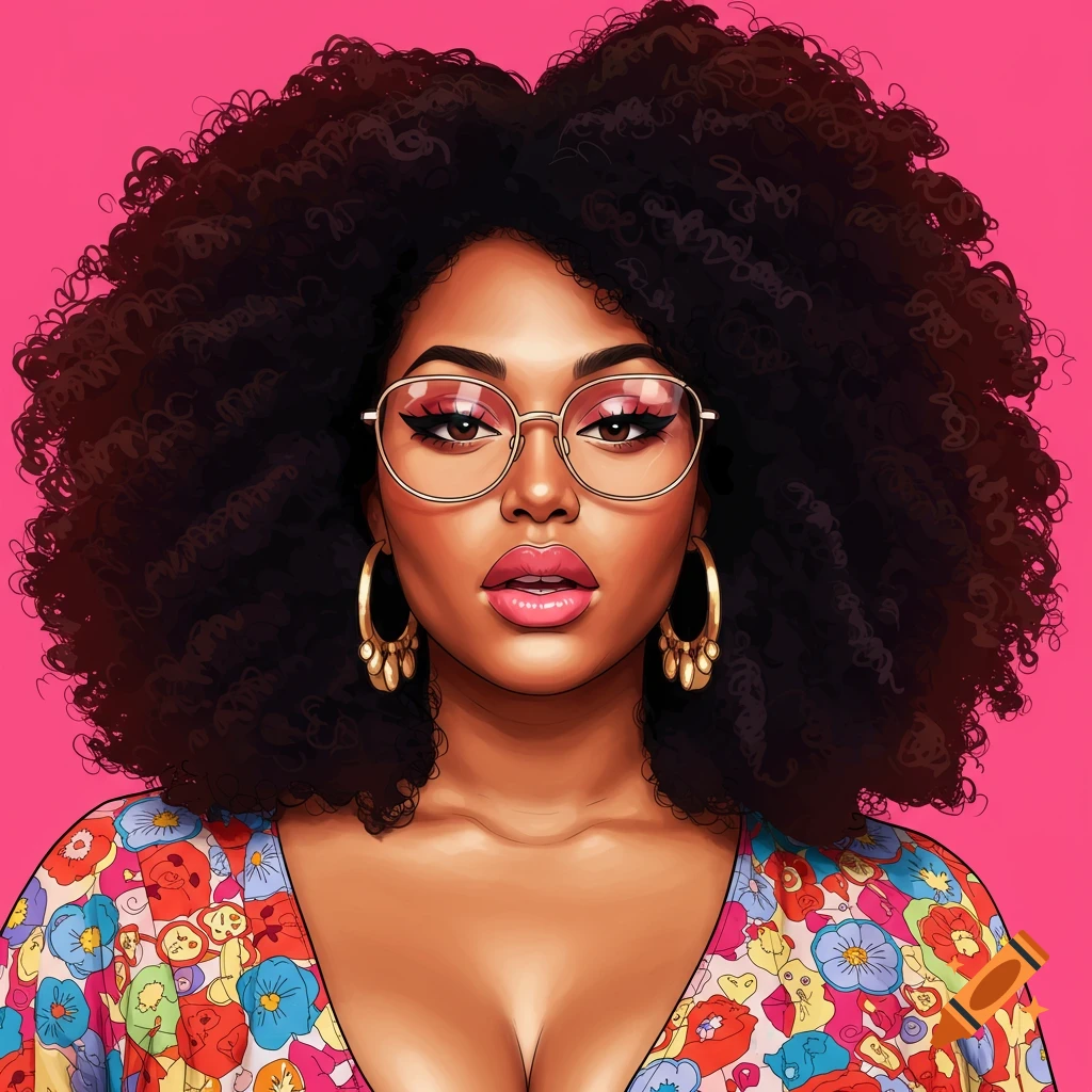 A stylized digital portrait of a Black woman with big curly hair, wearing gold-rimmed glasses and a colorful floral top.