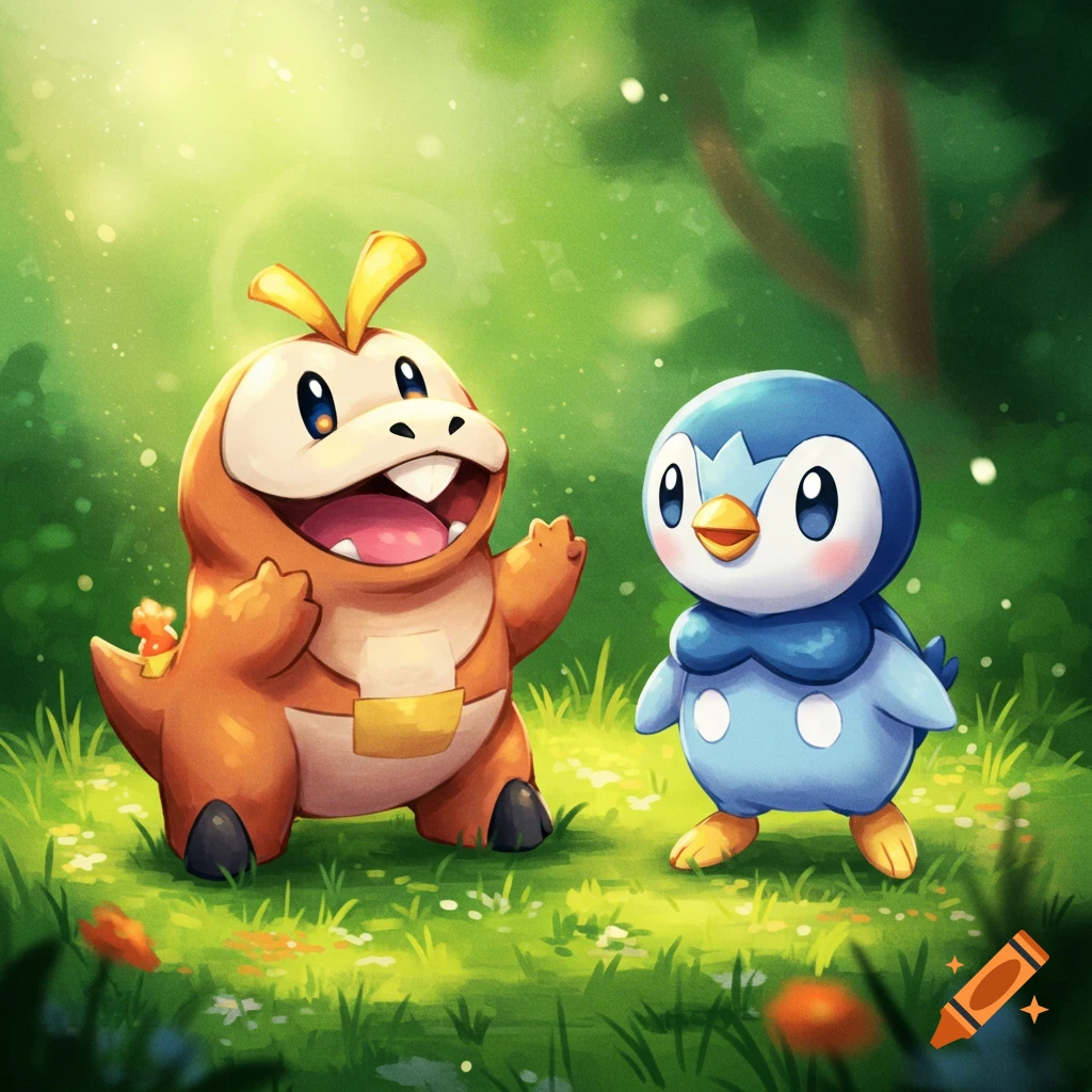 Cute Fuecoco and Piplup stand in a sunny, grassy field.