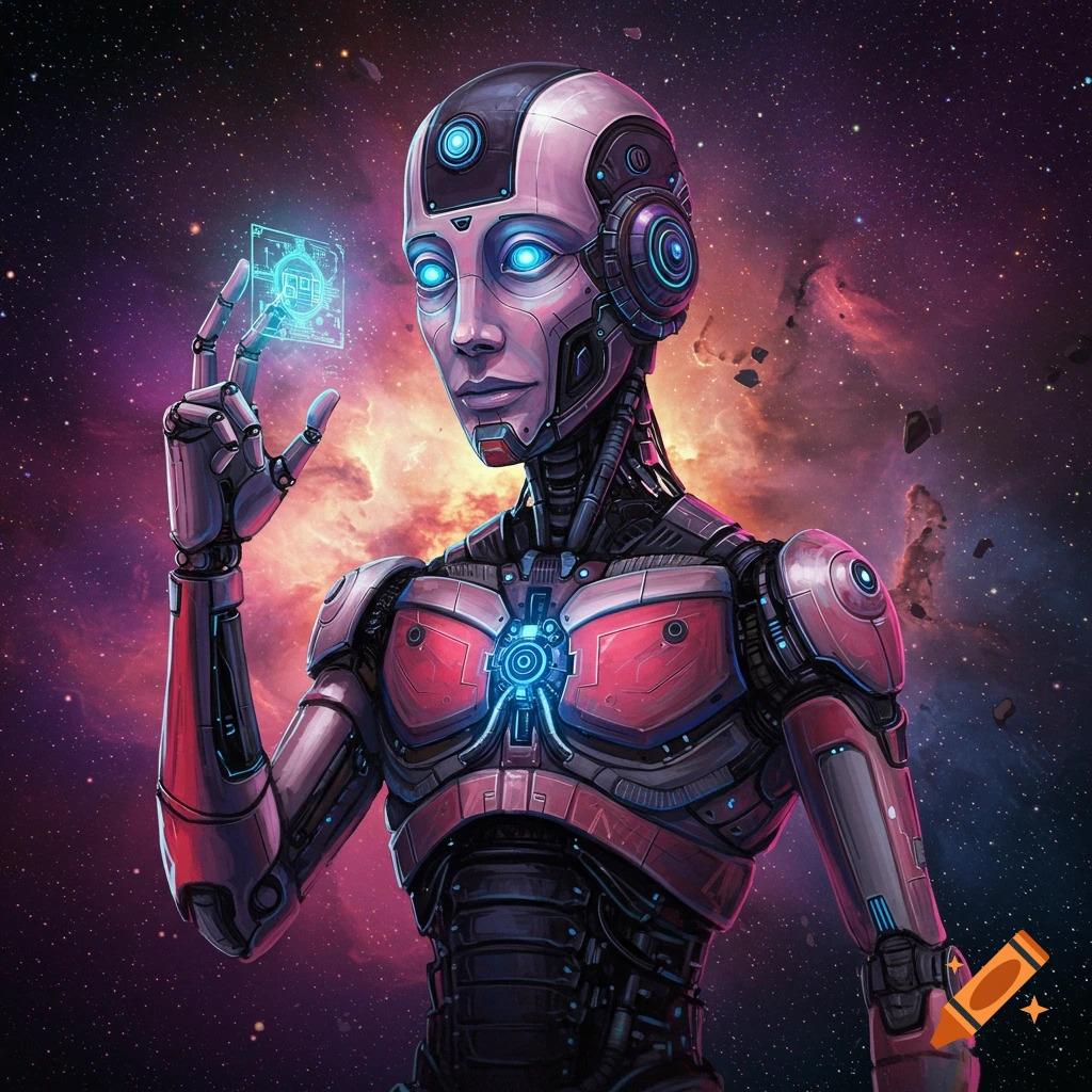 A robot holds a glowing holographic display in space.