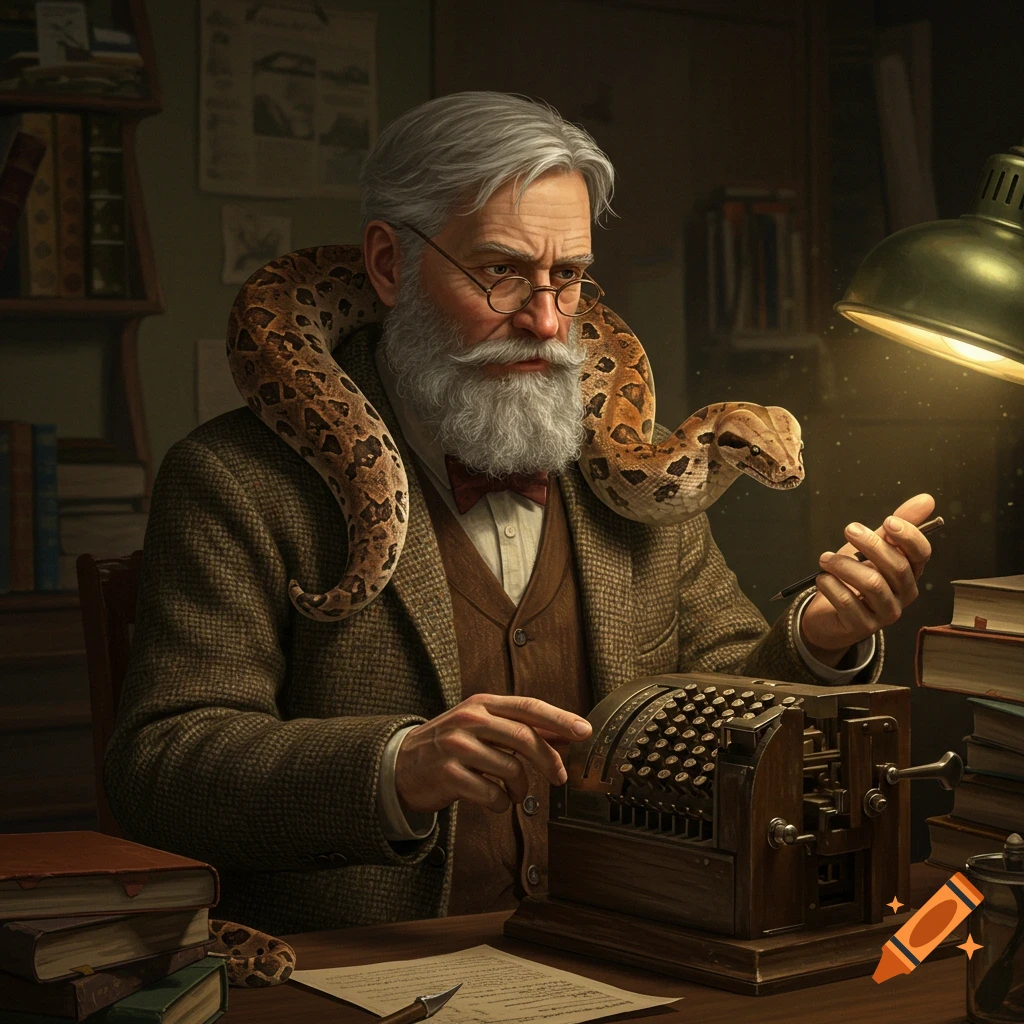 An old man with a boa constrictor around his shoulders, working at an adding machine.