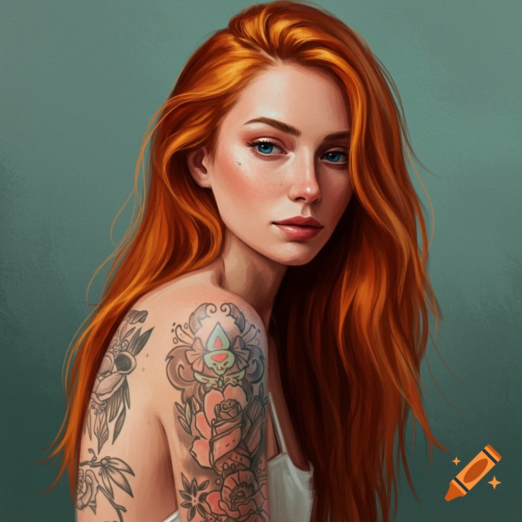 A woman with long red hair and shoulder tattoos.