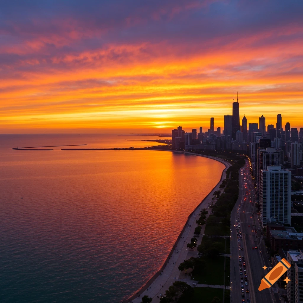 Aerial view of a city skyline at sunset over a lake with dramatic orange clouds.