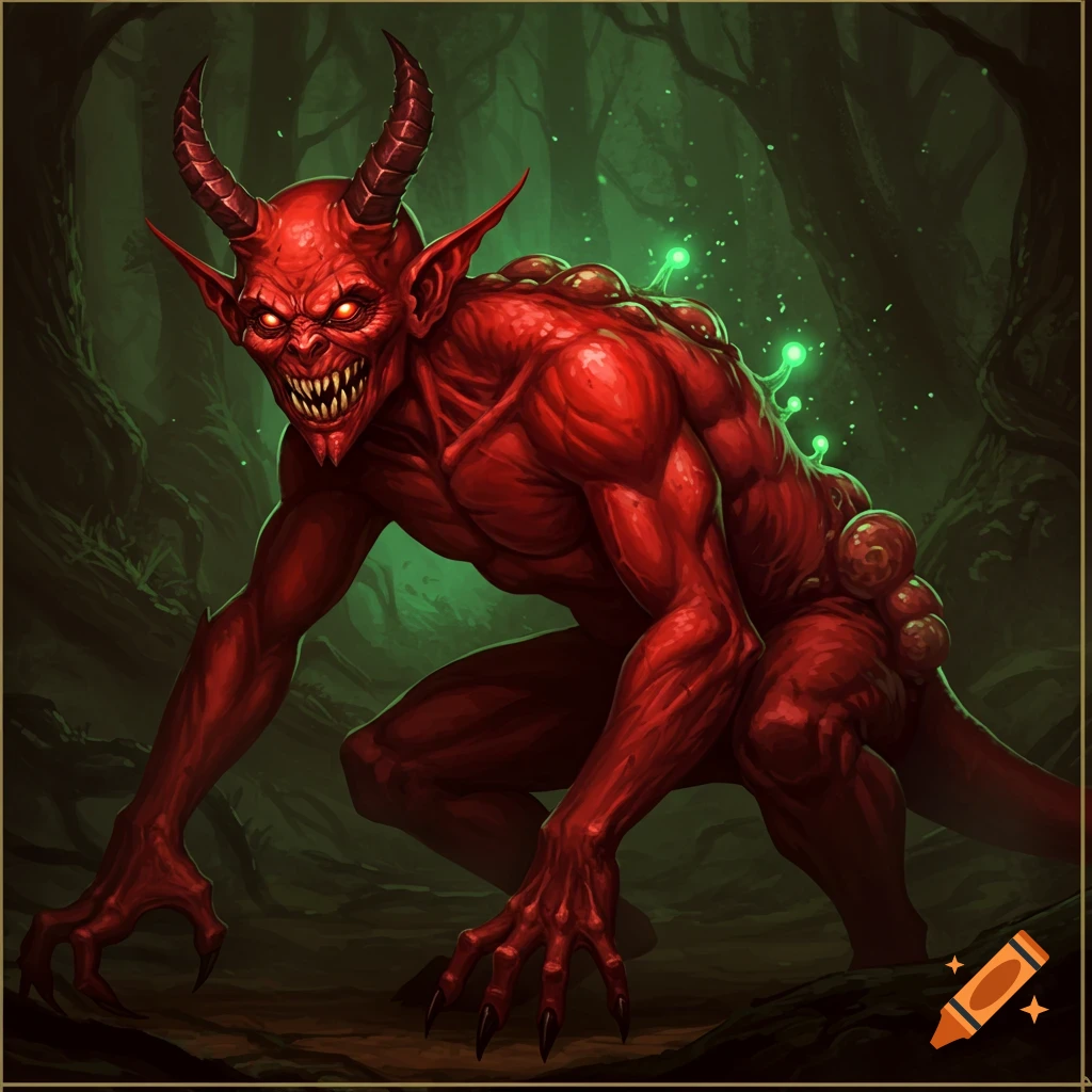 A red fantasy imp monster with horns, glowing eyes, and claws crouches in a dark forest.