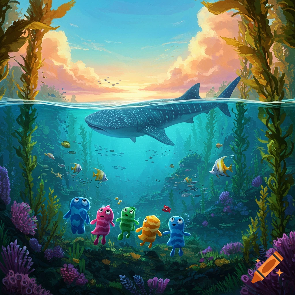 A vibrant underwater scene shows a whale shark swimming above colorful coral and kelp, while five small, cute, alien-like creatures look up from below.
