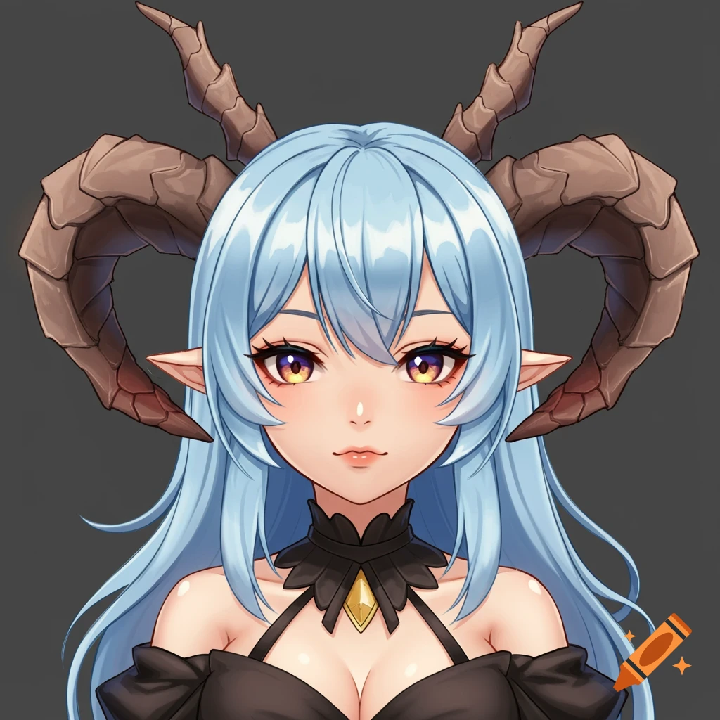 Anime portrait of a character with blue hair, horns, and pointed ears.
