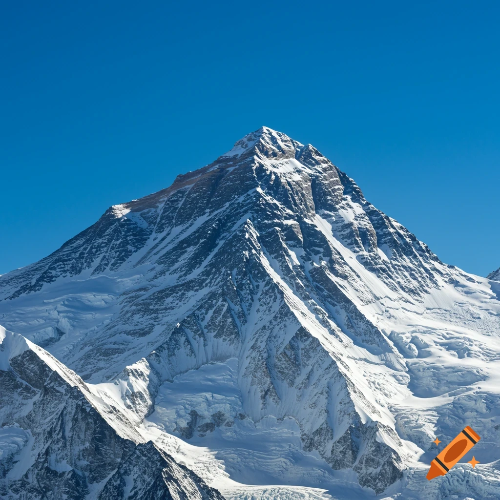 A majestic snow-capped mountain peak stands tall against a clear blue sky.