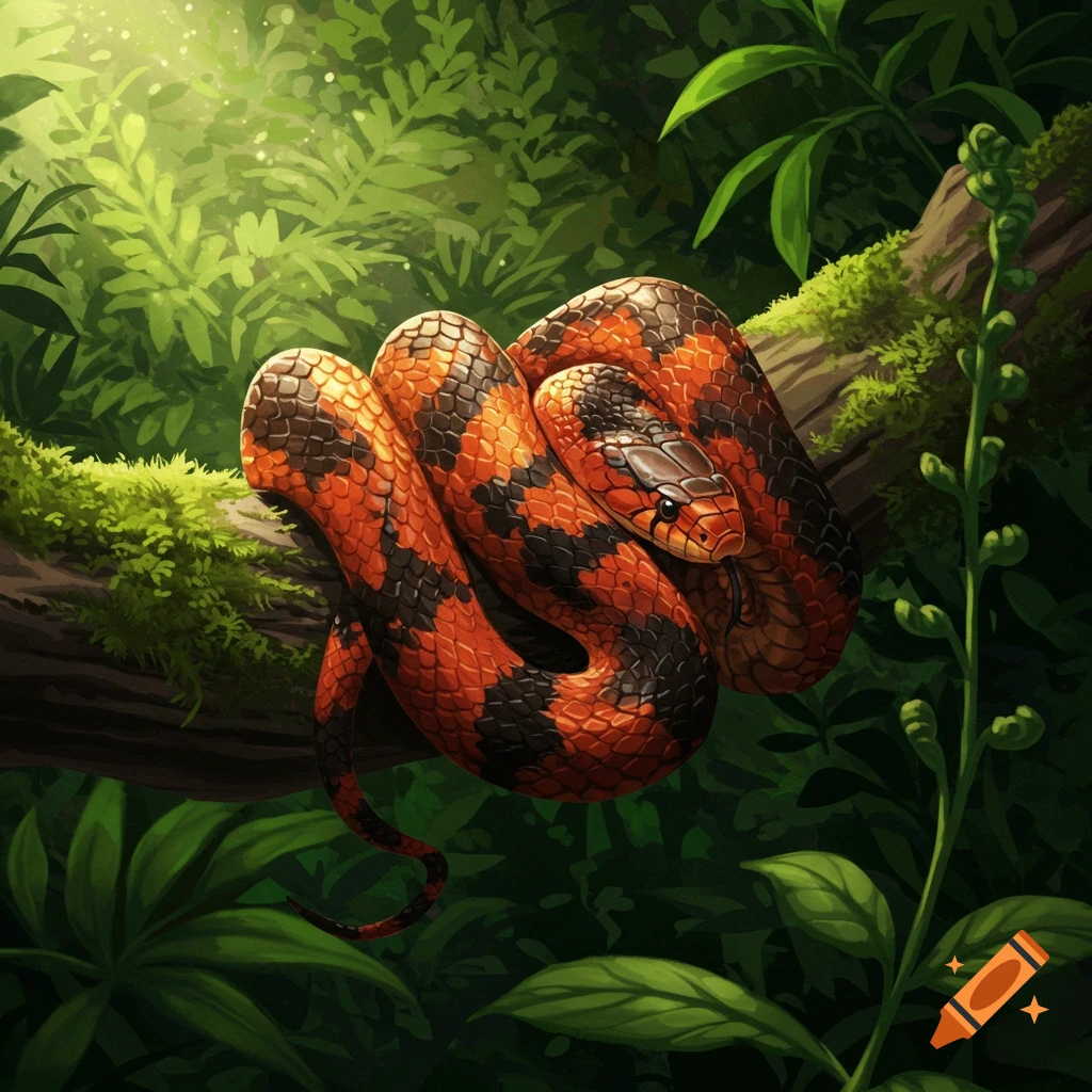 An orange and black snake coiled on a branch in a jungle.