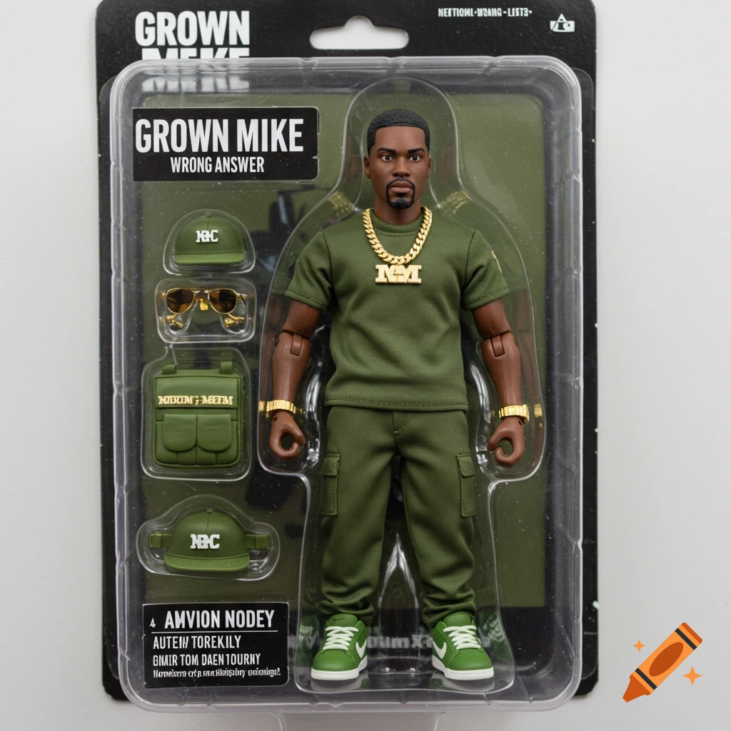 An action figure toy in clear plastic packaging. The figure is a man wearing a green t-shirt and cargo pants, with a gold chain and watches.