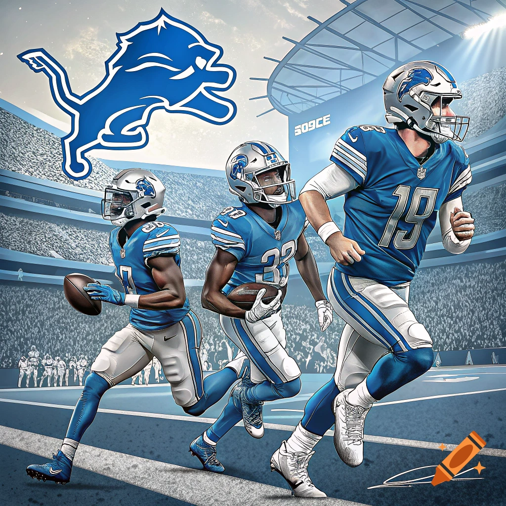 Illustration of three Detroit Lions football players running on the field with a stadium background and team logo.