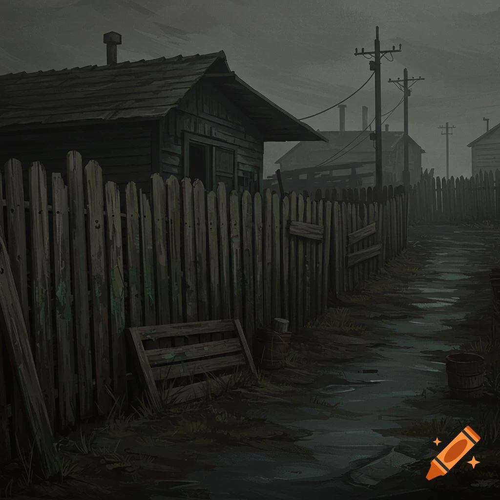 A dark, dreary image of a muddy alley beside a weathered fence and building under a grey sky.