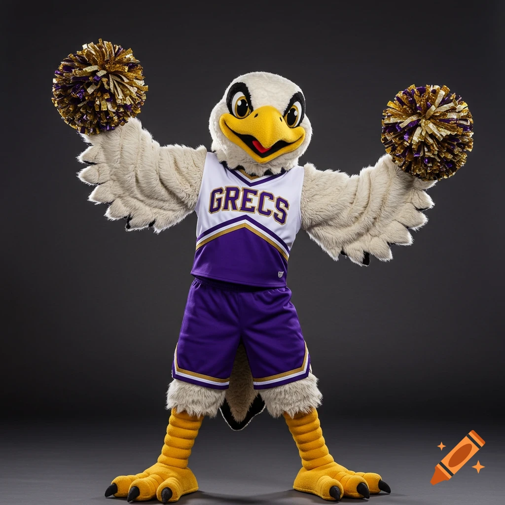 Bird mascot in a purple and white uniform holding gold pom-poms