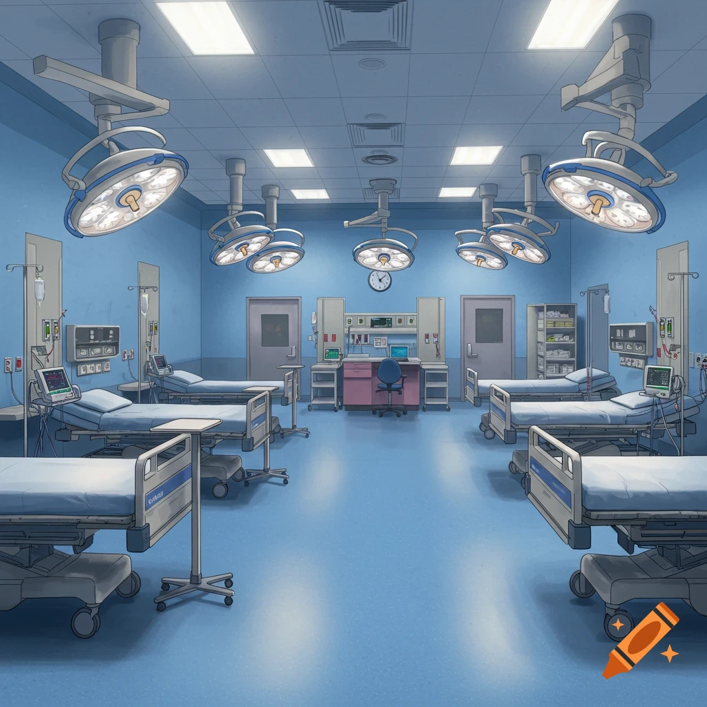 A hospital recovery room with multiple beds and medical equipment.