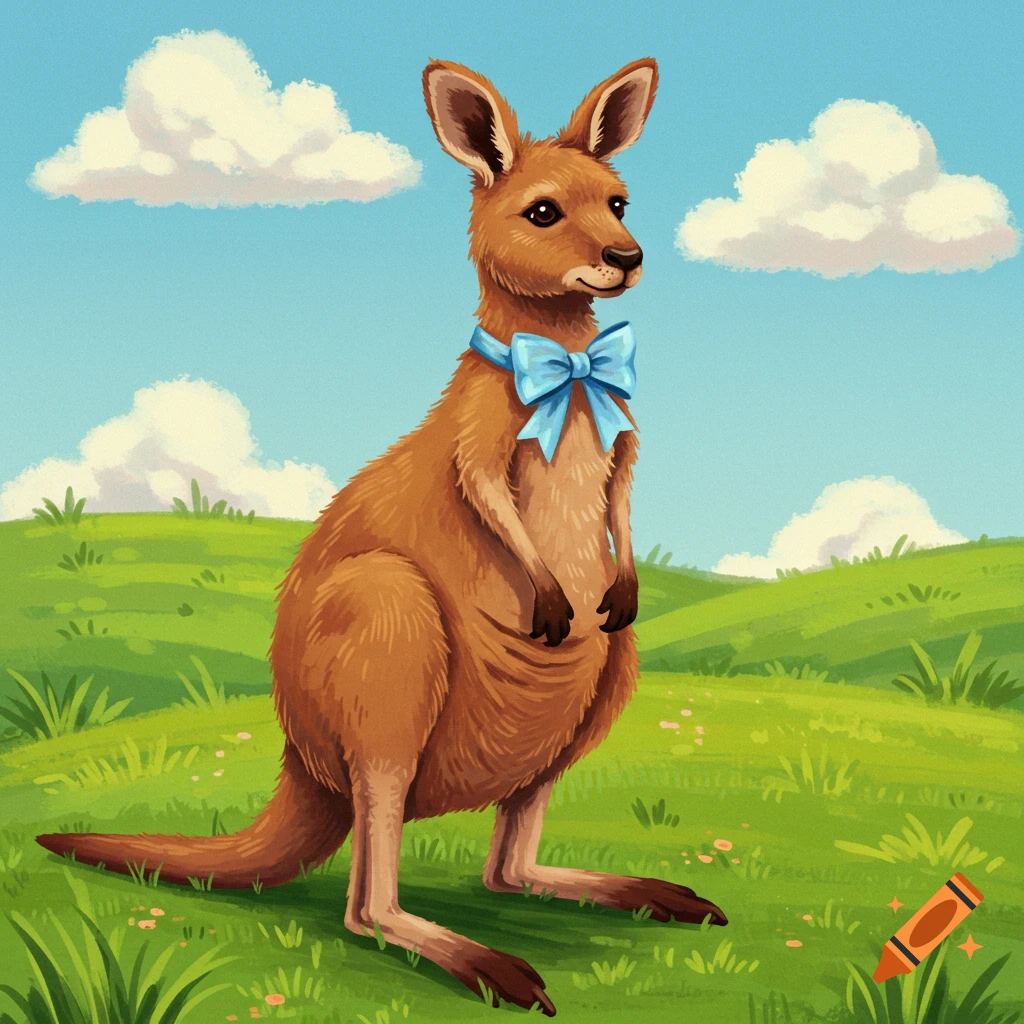 A kangaroo wearing a blue bow tie standing in a green field under a cloudy blue sky.