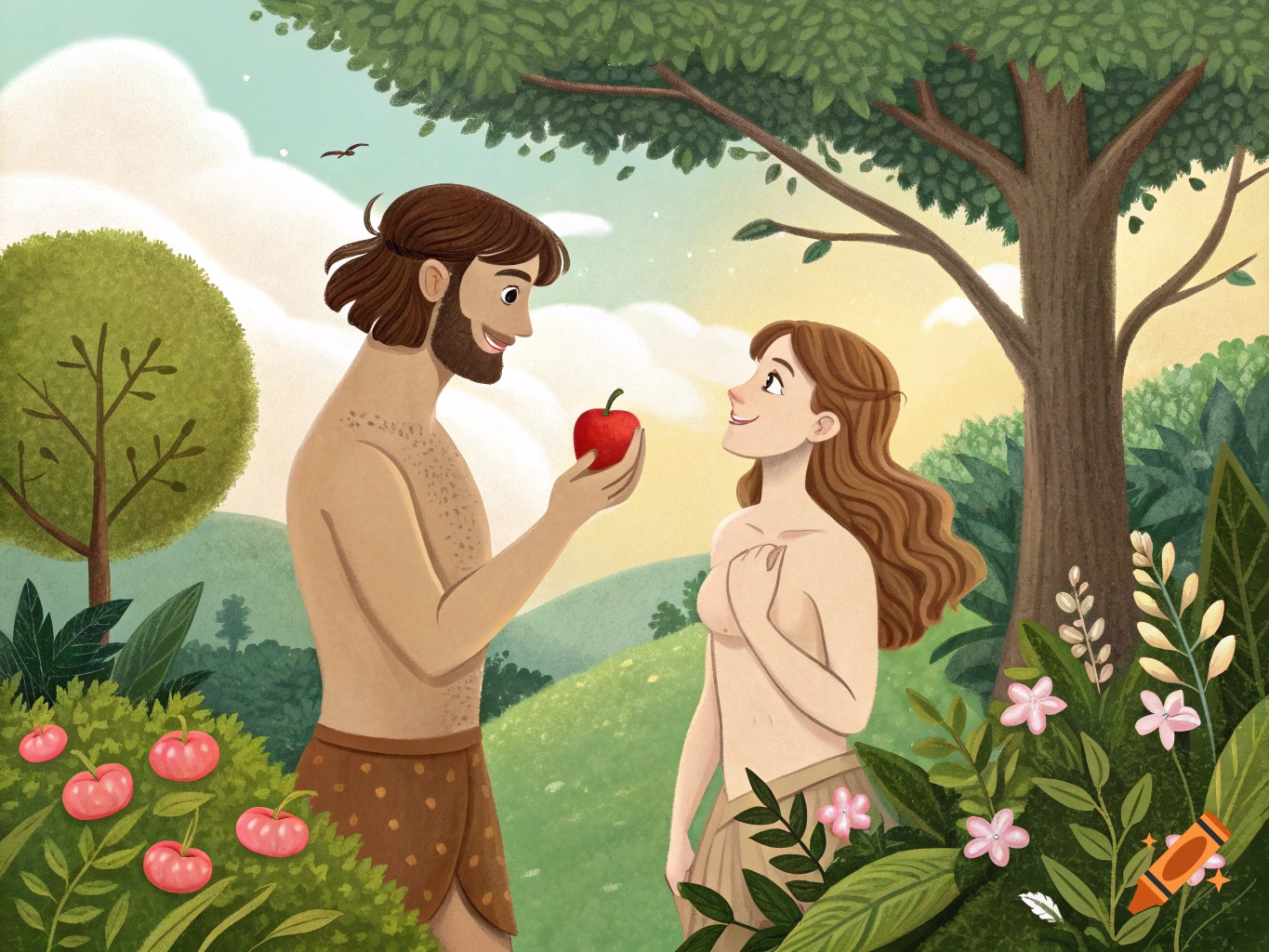 Stylized illustration of Adam giving Eve an apple in a garden.