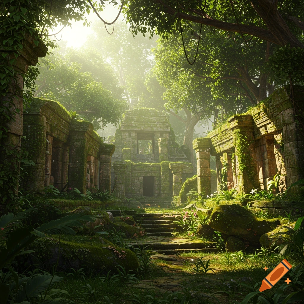 Hyperrealistic depiction of overgrown jungle ruins with steps leading to a temple structure.