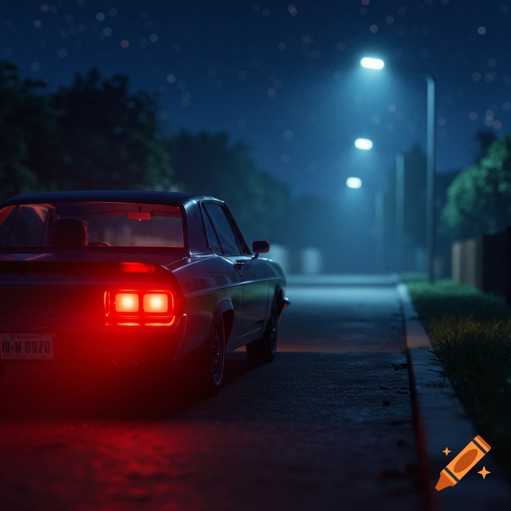 Dark car parked on a street at night with taillights on, under streetlights and stars.