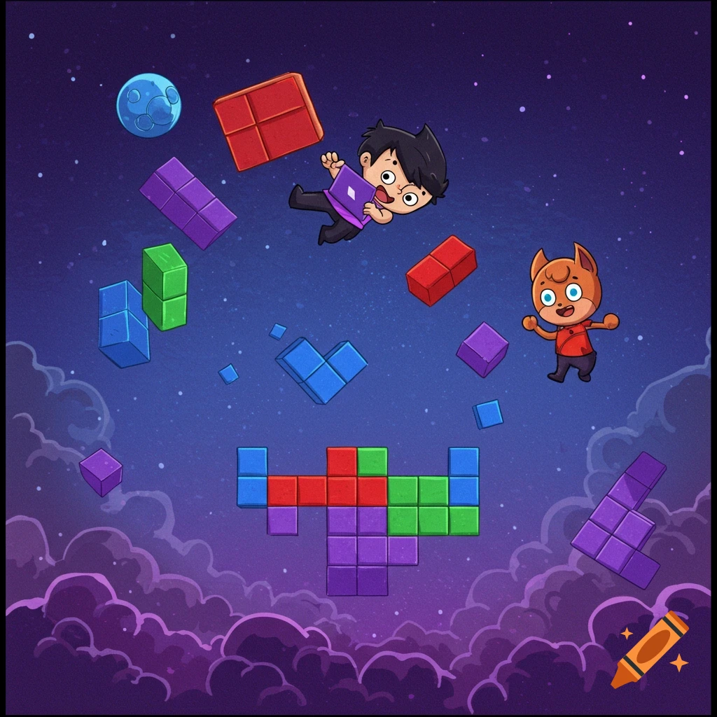 Cartoon characters float in space surrounded by colorful puzzle blocks.