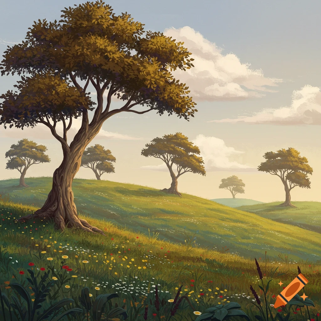 A stylized painting of trees on a grassy hill dotted with flowers under a cloudy sky.