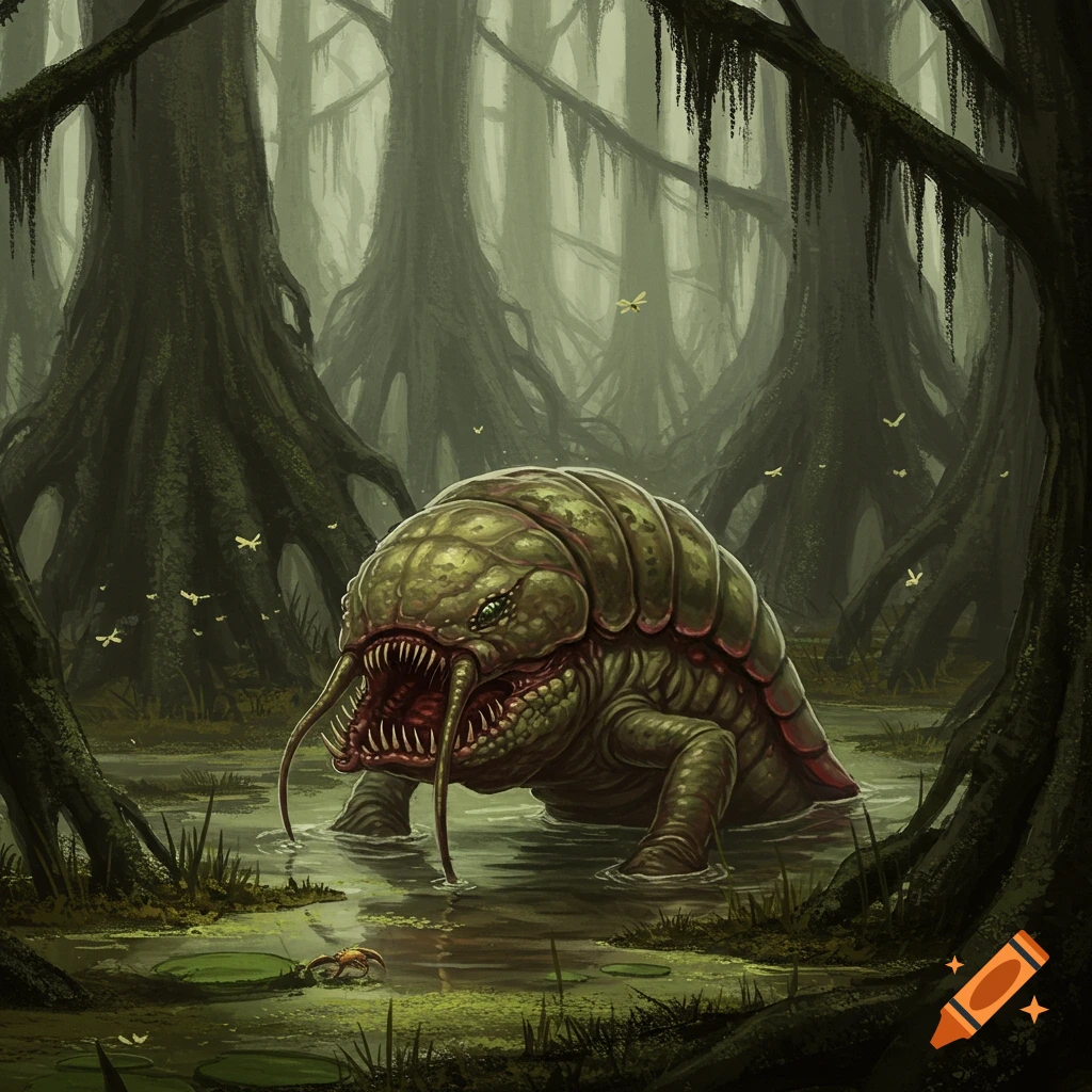 A large, shelled monster with tentacles and teeth emerges from a dark swamp.