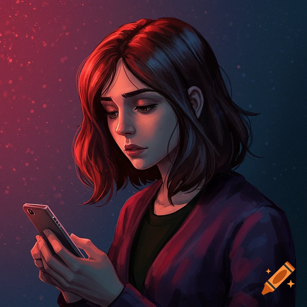 A young woman looks melancholically at her smartphone.