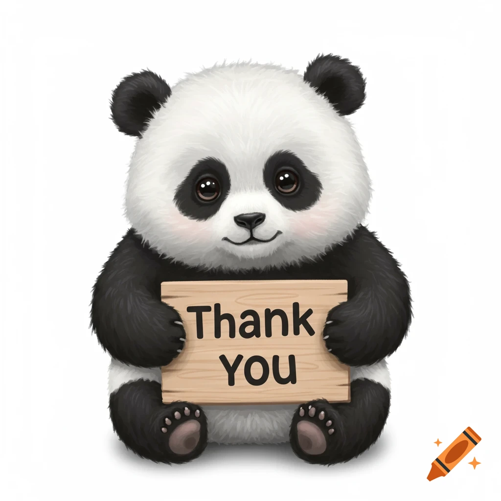 A cute illustrated panda bear holds a sign that says 'Thank You'. on Craiyon, image size:1024x1024