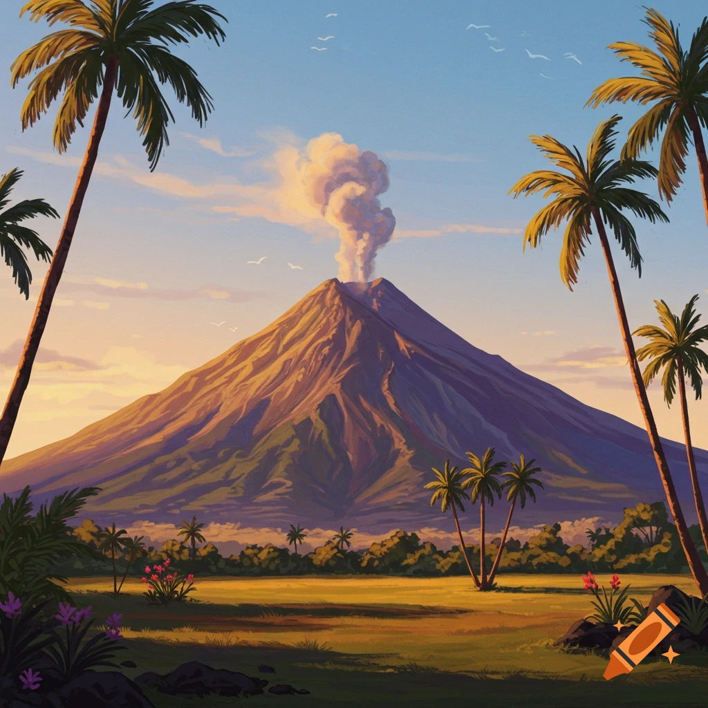 A volcano erupting in a tropical landscape with palm trees at sunset.