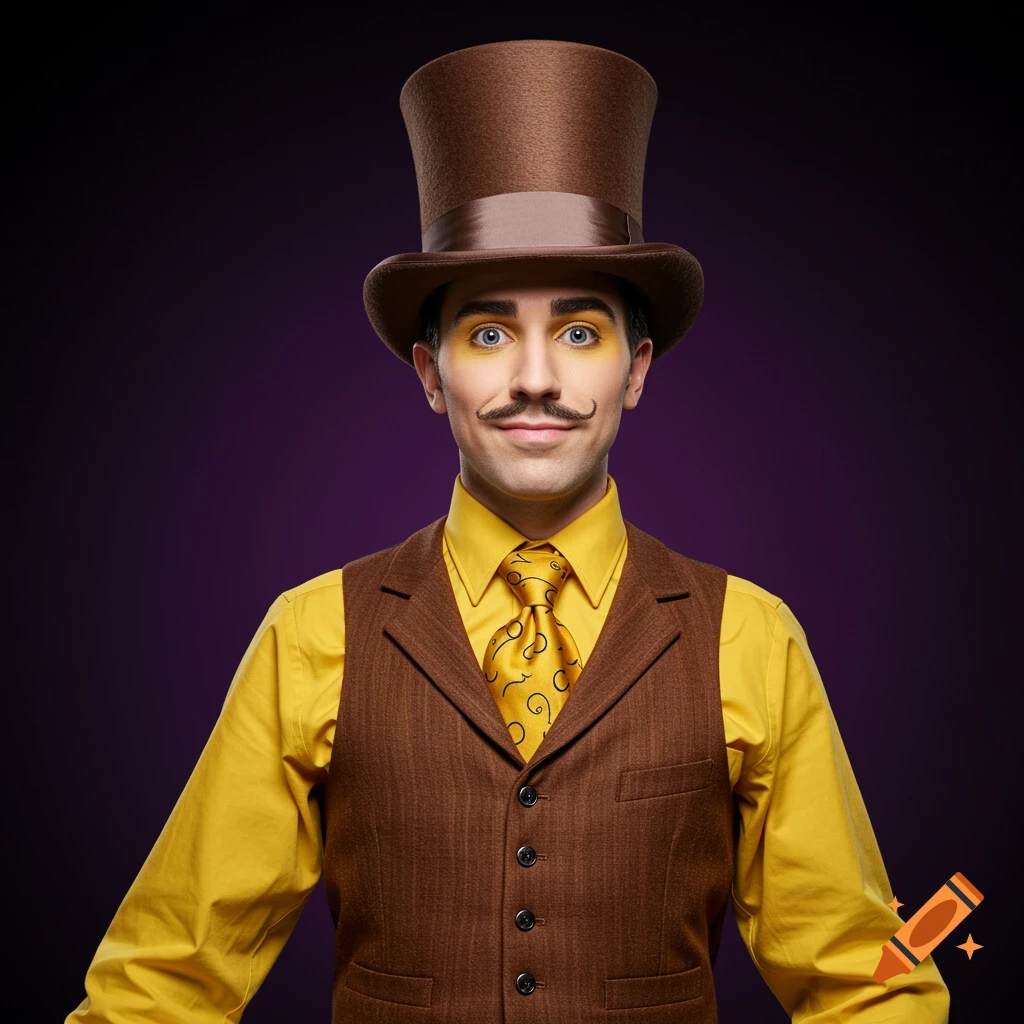 A man in a brown top hat, yellow shirt, and brown vest with a mustache and yellow eye makeup.