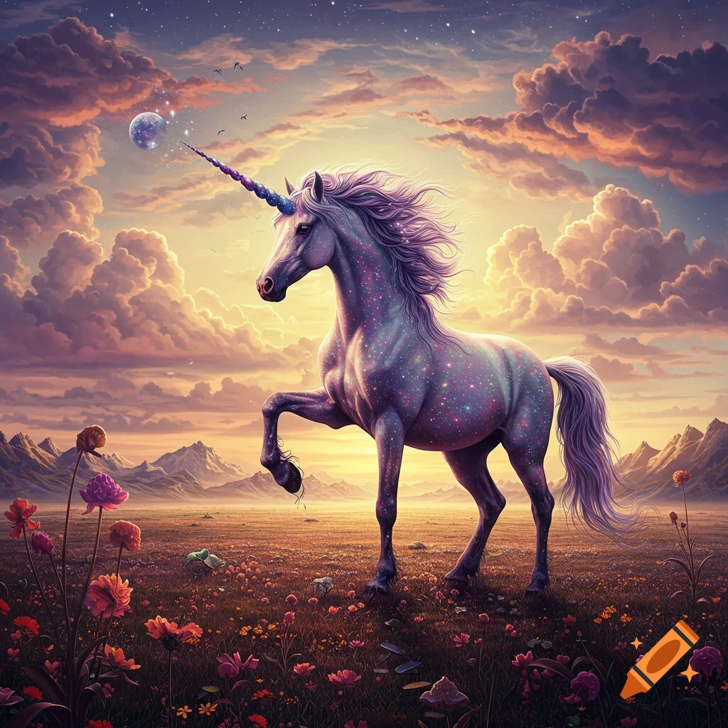 A starry unicorn stands in a field of flowers under a dramatic sunset sky with mountains.