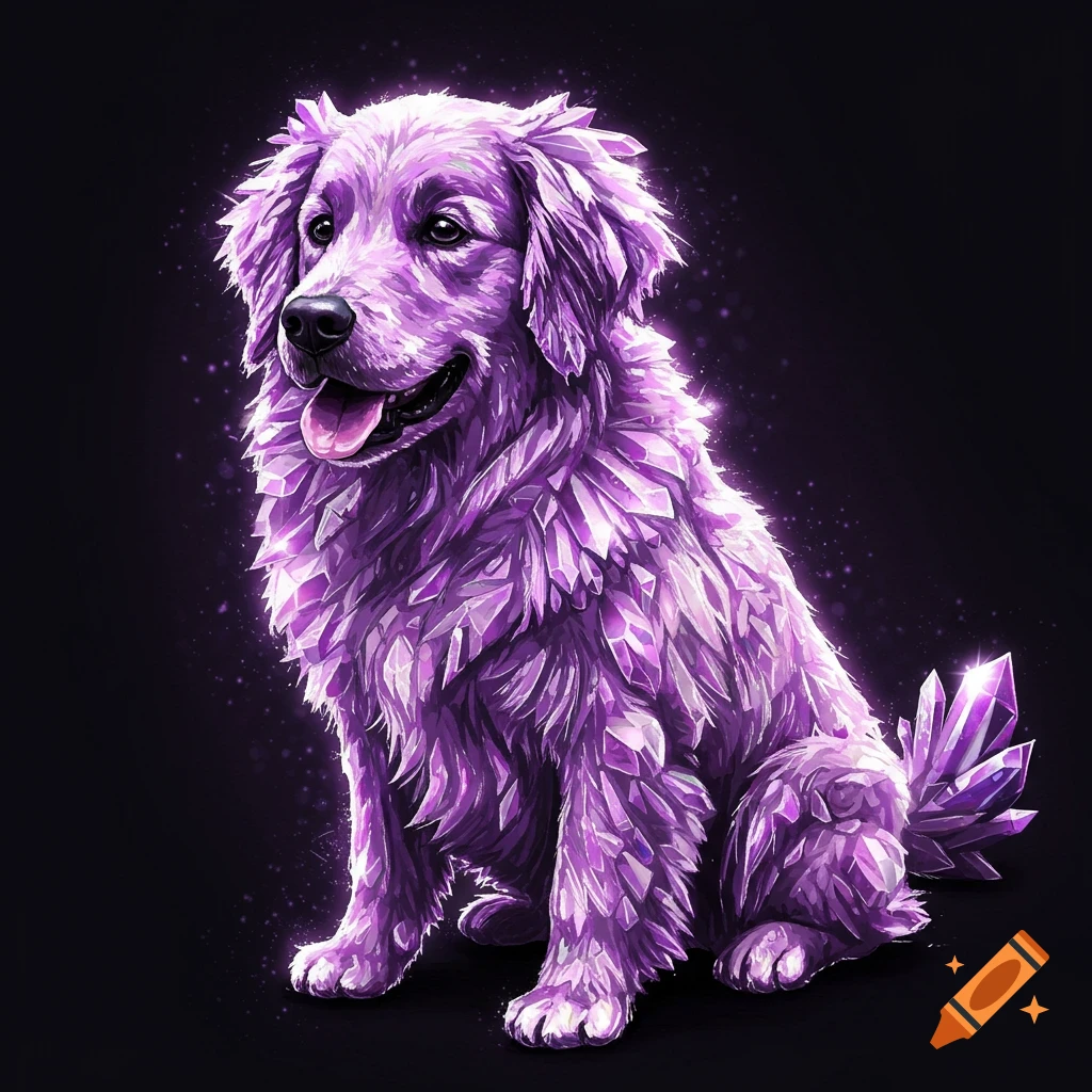 A dog made of purple crystals sits against a dark background