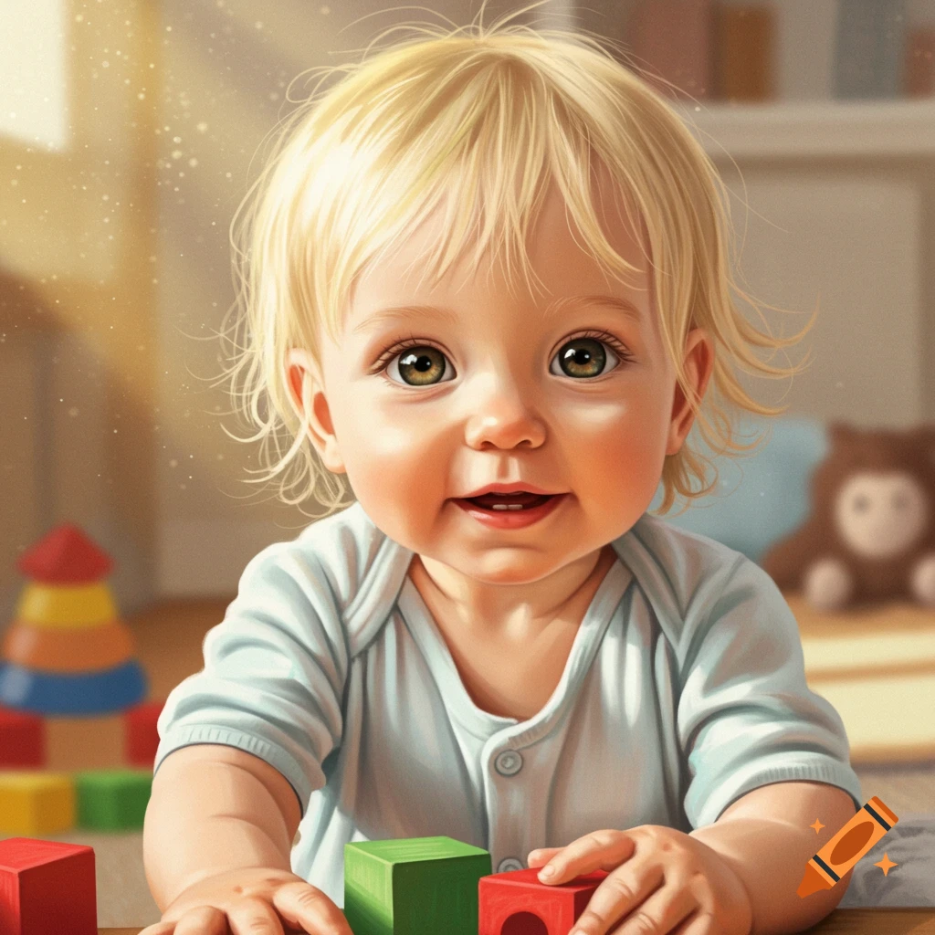A smiling blonde toddler with hazel eyes is playing with red and green building blocks in a sunny playroom.