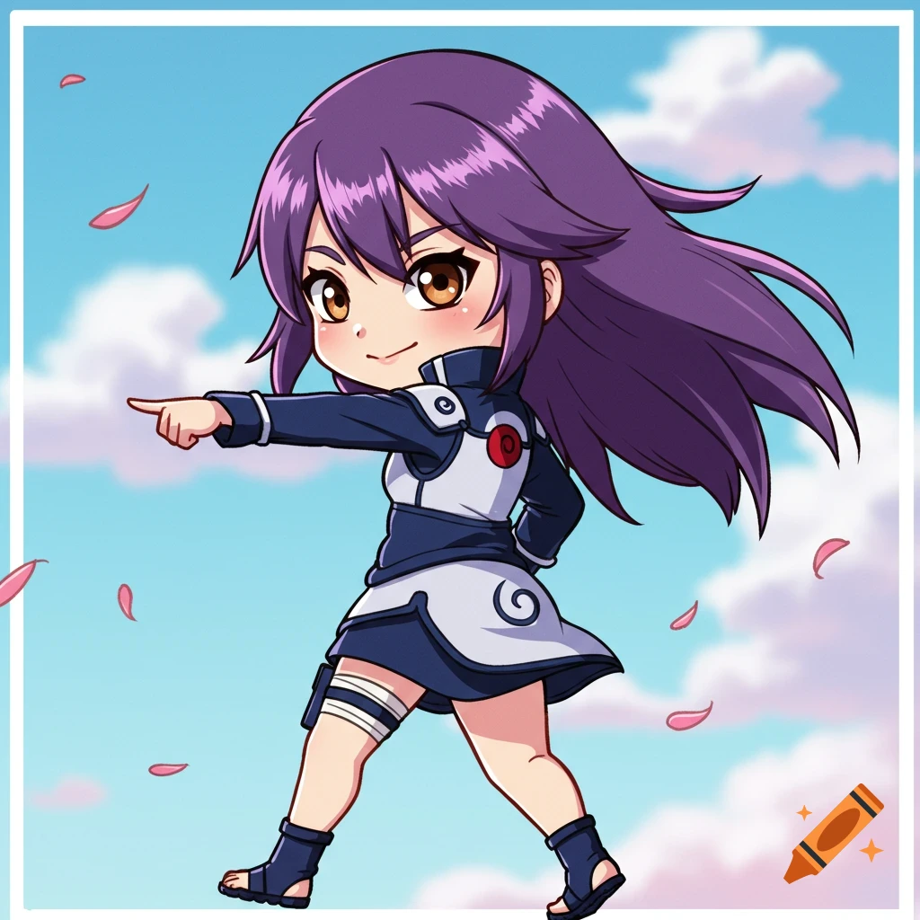 Chibi anime girl with purple hair pointing, with falling petals against a sky background.