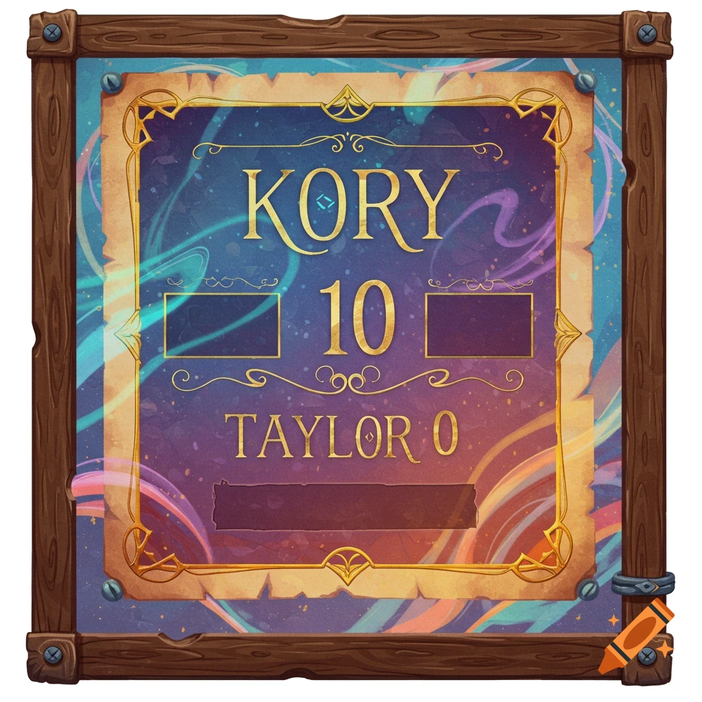 A stylized wooden-framed scorecard showing Kory 10 Taylor 0
