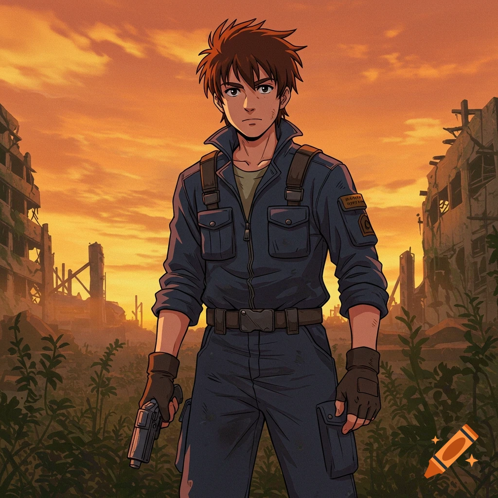 Anime-style illustration of a young man in a jumpsuit holding a pistol in a post-apocalyptic city at sunset.