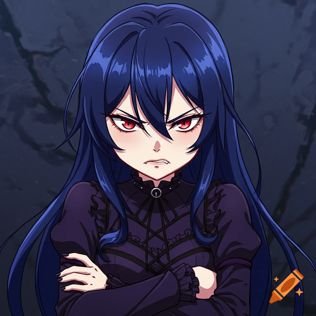 An angry anime girl with blue hair, red eyes, and fangs, wearing a dark gothic dress, crosses her arms.