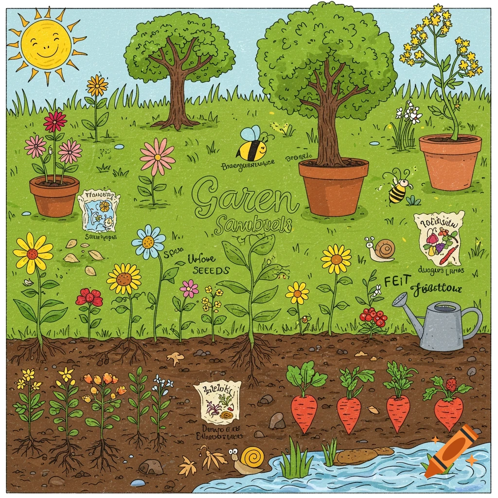 Cartoon of a sunny garden with flowers, vegetables, trees, bees, a snail, and a watering can.