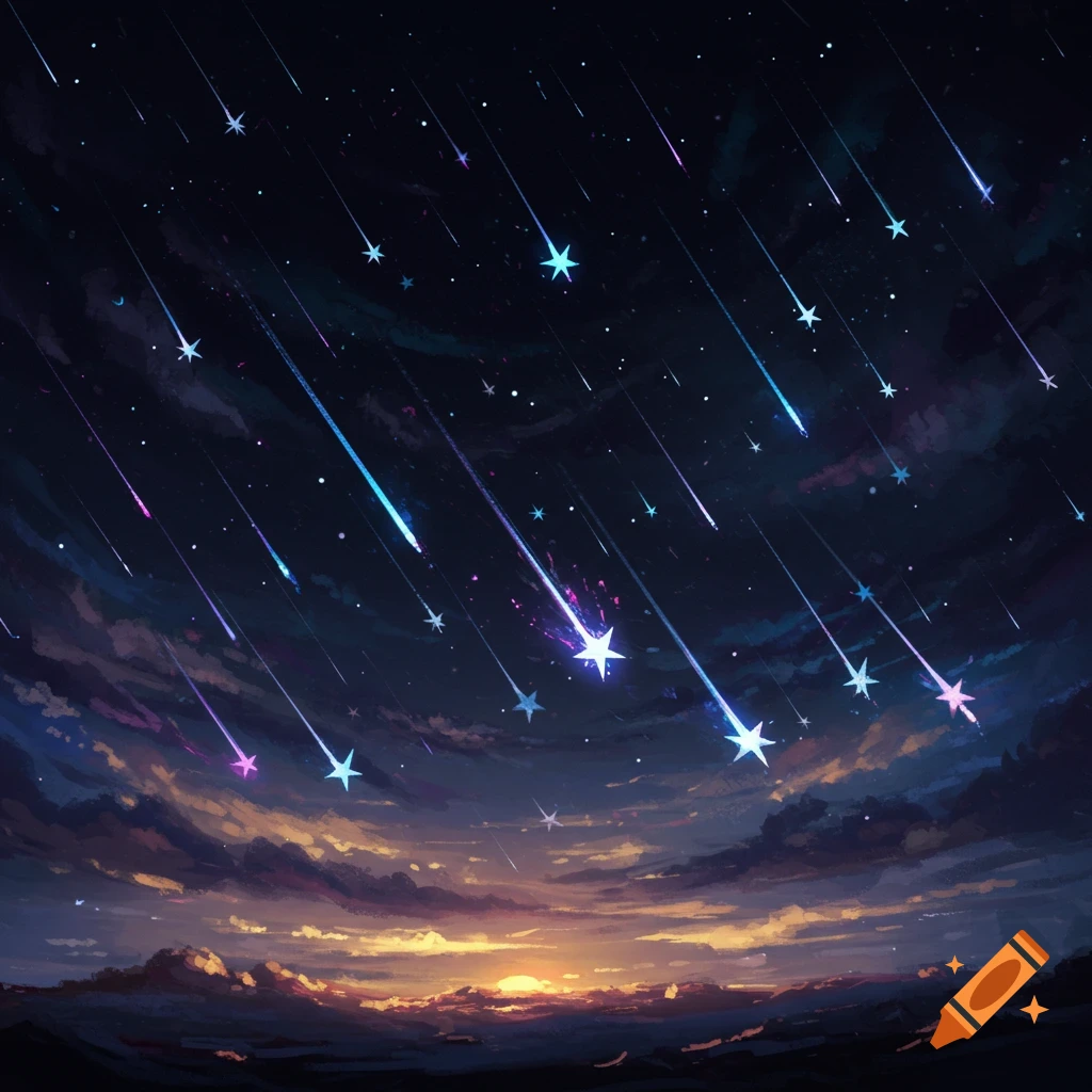A night sky filled with shooting stars and colorful trails over clouds and a sunset horizon.